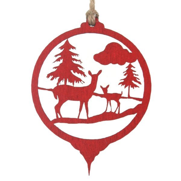 Χριστουγεννιάτικη Ξύλινη Μπάλα Κόκκινη με Ελάφια (8cm)